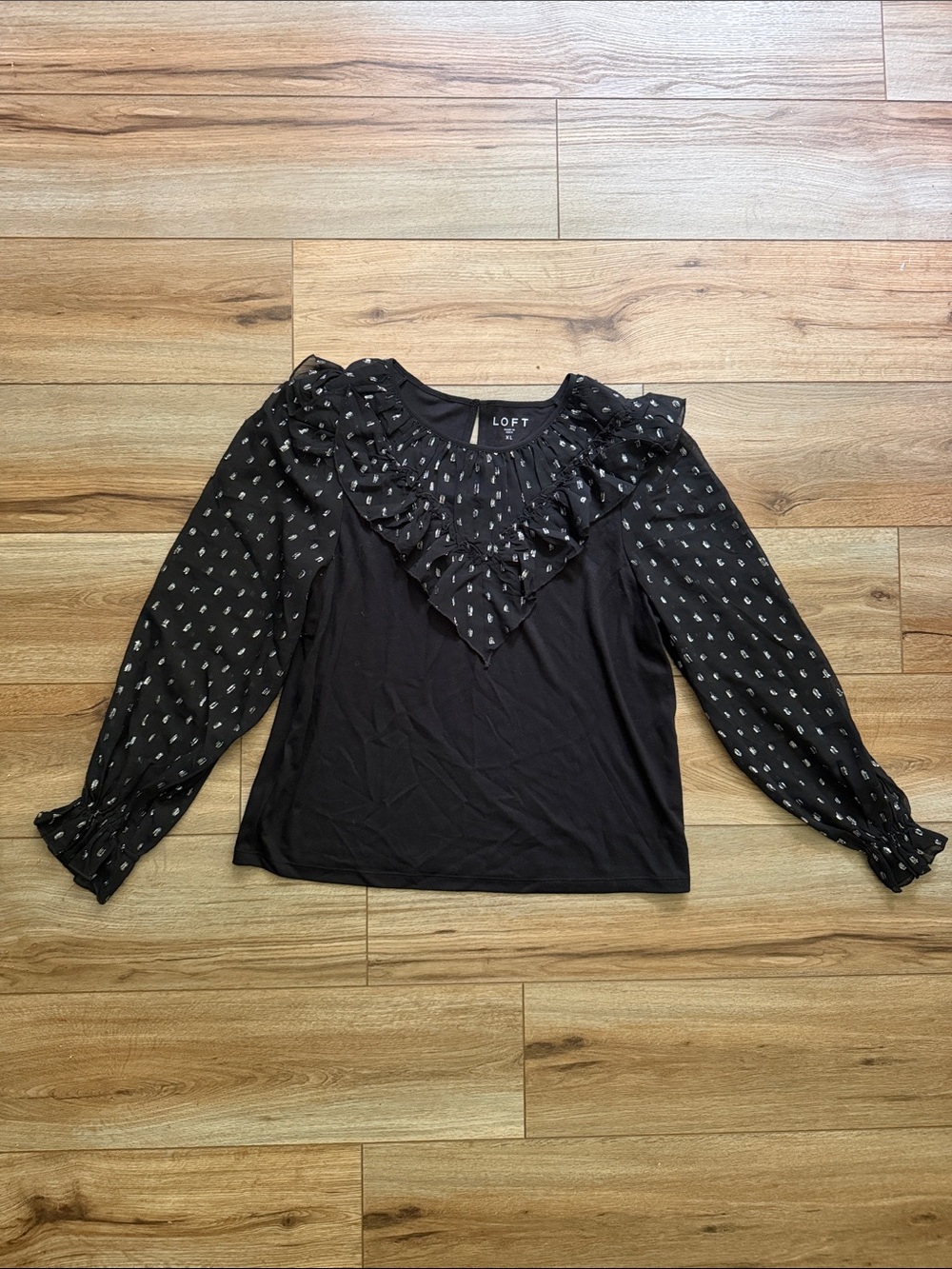 LOFT Black V-Neck Ruffle Long Sleeve Top with Printed Sleeves